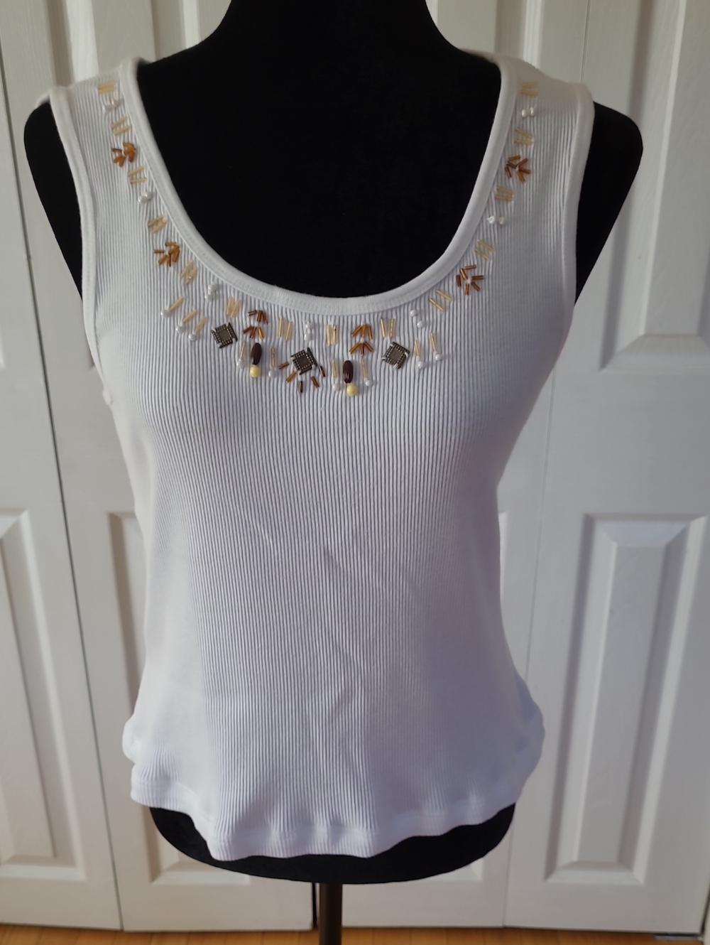 Covington White Ribbed Tank Top with Gold and Brown Bead Embellishment
